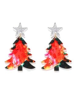 Star Decorated Christmas Tree Design Wholesale High Fashion Costume Earrings - Red