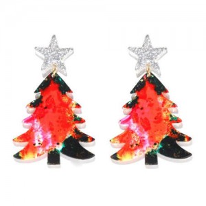 Star Decorated Christmas Tree Design Wholesale High Fashion Costume Earrings - Red