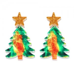 Star Decorated Christmas Tree Design Wholesale High Fashion Costume Earrings - Green