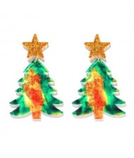 Star Decorated Christmas Tree Design Wholesale High Fashion Costume Earrings - Green
