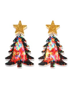 Star Decorated Christmas Tree Design Wholesale High Fashion Costume Earrings - Black