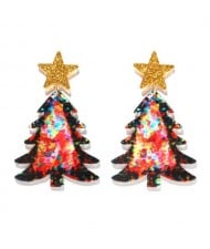 Star Decorated Christmas Tree Design Wholesale High Fashion Costume Earrings - Black