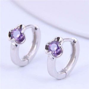 Violet Cubic Zirconia Inlaid Flower Design Copper Ear Clips