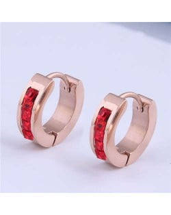 Rhinestone Embellished Delicate Design Korean Style Stainless Steel Ear Clips - Red