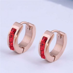 Rhinestone Embellished Delicate Design Korean Style Stainless Steel Ear Clips - Red