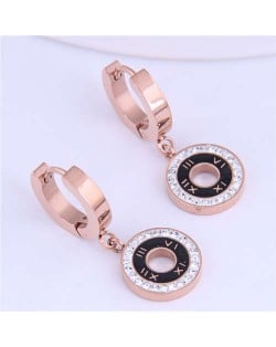 Roman Numerals High Fashion Round Pendants Design Stainless Steel Women Ear Clips - Black