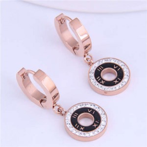 Roman Numerals High Fashion Round Pendants Design Stainless Steel Women Ear Clips - Black