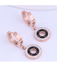 Roman Numerals High Fashion Round Pendants Design Stainless Steel Women Ear Clips - Black