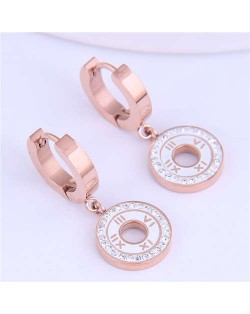 Roman Numerals High Fashion Round Pendants Design Stainless Steel Women Ear Clips - White