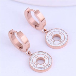 Roman Numerals High Fashion Round Pendants Design Stainless Steel Women Ear Clips - White