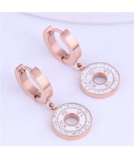 Roman Numerals High Fashion Round Pendants Design Stainless Steel Women Ear Clips - White