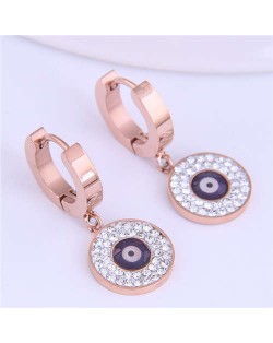 Magic Eye Inlaid Rhinestone Embellished Round Pendant Stainless Steel Women Ear Clips - Purple