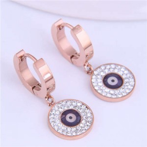 Magic Eye Inlaid Rhinestone Embellished Round Pendant Stainless Steel Women Ear Clips - Purple
