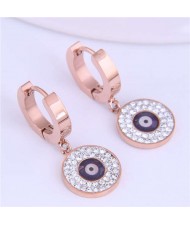 Magic Eye Inlaid Rhinestone Embellished Round Pendant Stainless Steel Women Ear Clips - Purple