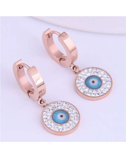 Magic Eye Inlaid Rhinestone Embellished Round Pendant Stainless Steel Women Ear Clips - Blue