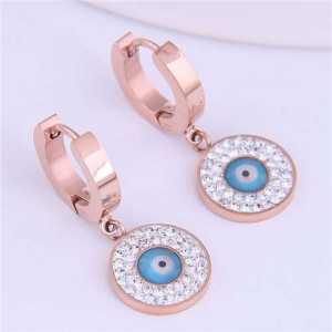 Magic Eye Inlaid Rhinestone Embellished Round Pendant Stainless Steel Women Ear Clips - Blue