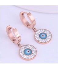 Magic Eye Inlaid Rhinestone Embellished Round Pendant Stainless Steel Women Ear Clips - Blue