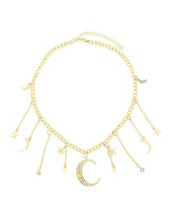 Moon and Stars High Fashion Design Pendants Golden Chain Women Alloy Wholesale Costume Necklace