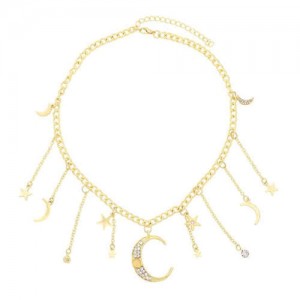 Moon and Stars High Fashion Design Pendants Golden Chain Women Alloy Wholesale Costume Necklace