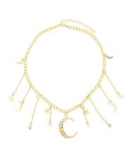 Moon and Stars High Fashion Design Pendants Golden Chain Women Alloy Wholesale Costume Necklace