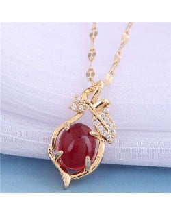 Jade Inalid Korean Fashion Golden Branches and Leaves Women Wholesale Costume Necklace - Red