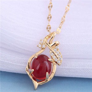 Jade Inalid Korean Fashion Golden Branches and Leaves Women Wholesale Costume Necklace - Red