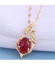 Jade Inalid Korean Fashion Golden Branches and Leaves Women Wholesale Costume Necklace - Red