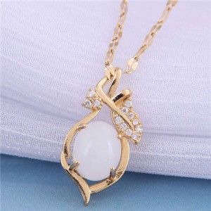 Jade Inalid Korean Fashion Golden Branches and Leaves Women Wholesale Costume Necklace - White