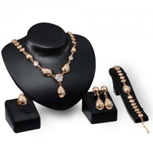 Rhinestone Embellished Bridal Fashion Golden Waterdrops Design 4 pcs Women Wholesale Jewelry Set
