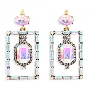 Bohemian Fashion Rectangular Rhinestone High Fashion Women Alloy Earrings - Colorful White