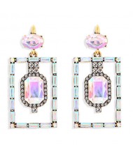 Bohemian Fashion Rectangular Rhinestone High Fashion Women Alloy Earrings - Colorful White