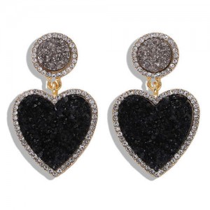 Gems Embellished Romantic Heart Design High Fashion Alloy Women Wholesale Earrings - Black