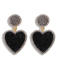 Gems Embellished Romantic Heart Design High Fashion Alloy Women Wholesale Earrings - Black