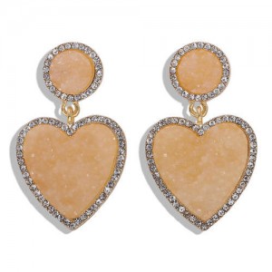 Gems Embellished Romantic Heart Design High Fashion Alloy Women Wholesale Earrings - Apricot