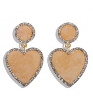 Gems Embellished Romantic Heart Design High Fashion Alloy Women Wholesale Earrings - Apricot