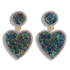 Gems Embellished Romantic Heart Design High Fashion Alloy Women Wholesale Earrings - Blue