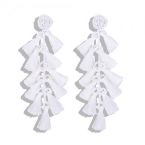 Bohemian Fashion Beads Round with Tassel Cluster Autumn Fashion Wholesale Women Earrings - White