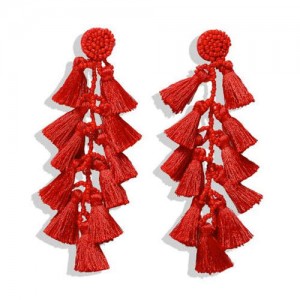 Bohemian Fashion Beads Round with Tassel Cluster Autumn Fashion Wholesale Women Earrings - Red