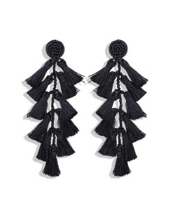 Bohemian Fashion Beads Round with Tassel Cluster Autumn Fashion Wholesale Women Earrings - Black