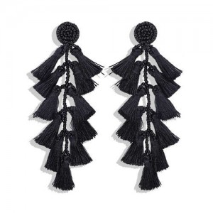 Bohemian Fashion Beads Round with Tassel Cluster Autumn Fashion Wholesale Women Earrings - Black