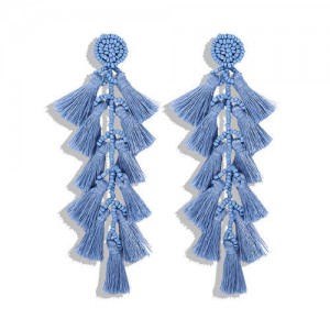 Bohemian Fashion Beads Round with Tassel Cluster Autumn Fashion Wholesale Women Earrings - Blue