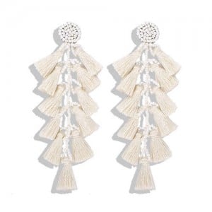 Bohemian Fashion Beads Round with Tassel Cluster Autumn Fashion Wholesale Women Earrings - Beige
