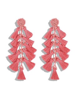 Bohemian Fashion Beads Round with Tassel Cluster Autumn Fashion Wholesale Women Earrings - Pink