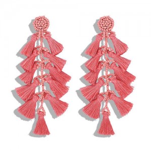 Bohemian Fashion Beads Round with Tassel Cluster Autumn Fashion Wholesale Women Earrings - Pink