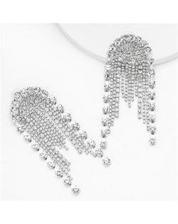 Bold Banquet Fashion Rhinestone Tassel Design Women Alloy Earrings - White