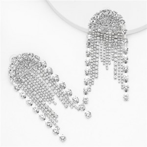 Bold Banquet Fashion Rhinestone Tassel Design Women Alloy Earrings - White