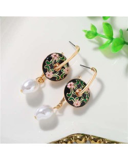 Delicate Oil-spot Glazed Flowers with Pearl Tassel Design High Fashion Women Alloy Earrings