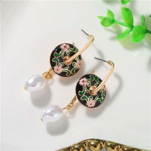 Delicate Oil-spot Glazed Flowers with Pearl Tassel Design High Fashion Women Alloy Earrings
