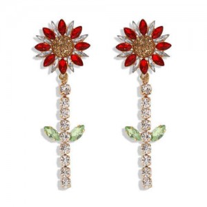 Rhinestone Bohemian Fashion Sunflower Party Style Women Costume Earrings - Red