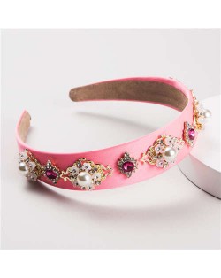 Pearl and Rhinestone Combo Flower Decorated Baroque Style Brides Fashion Hair Hoop - Pink